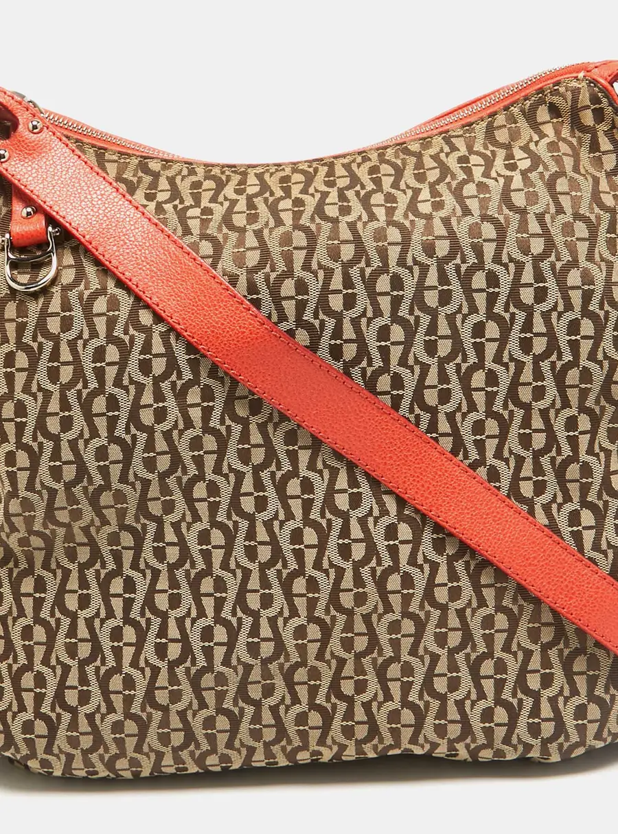 Aigner Beige/Orange Monogram Canvas and Leather Zip Crossbody Bag