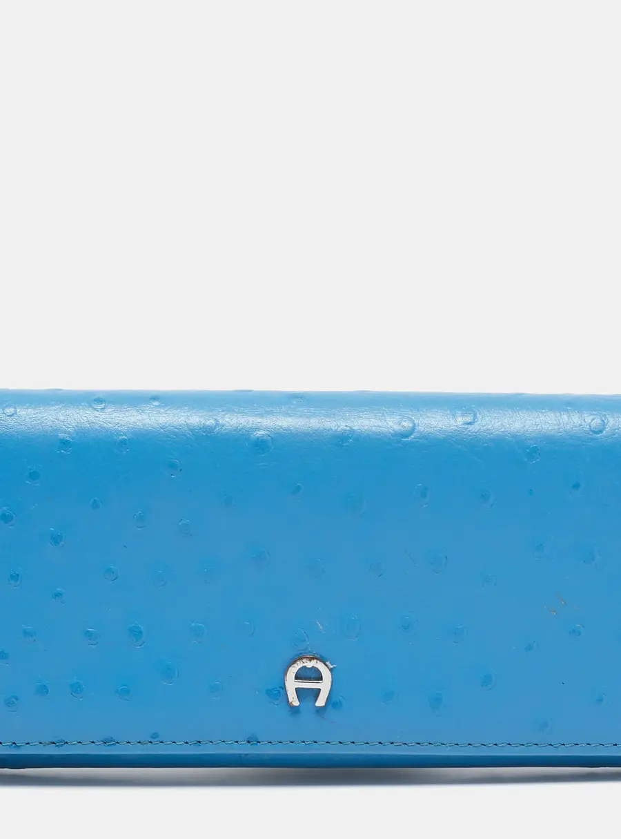 Aigner Blue Ostrich Embossed Leather Logo Continental Wallet