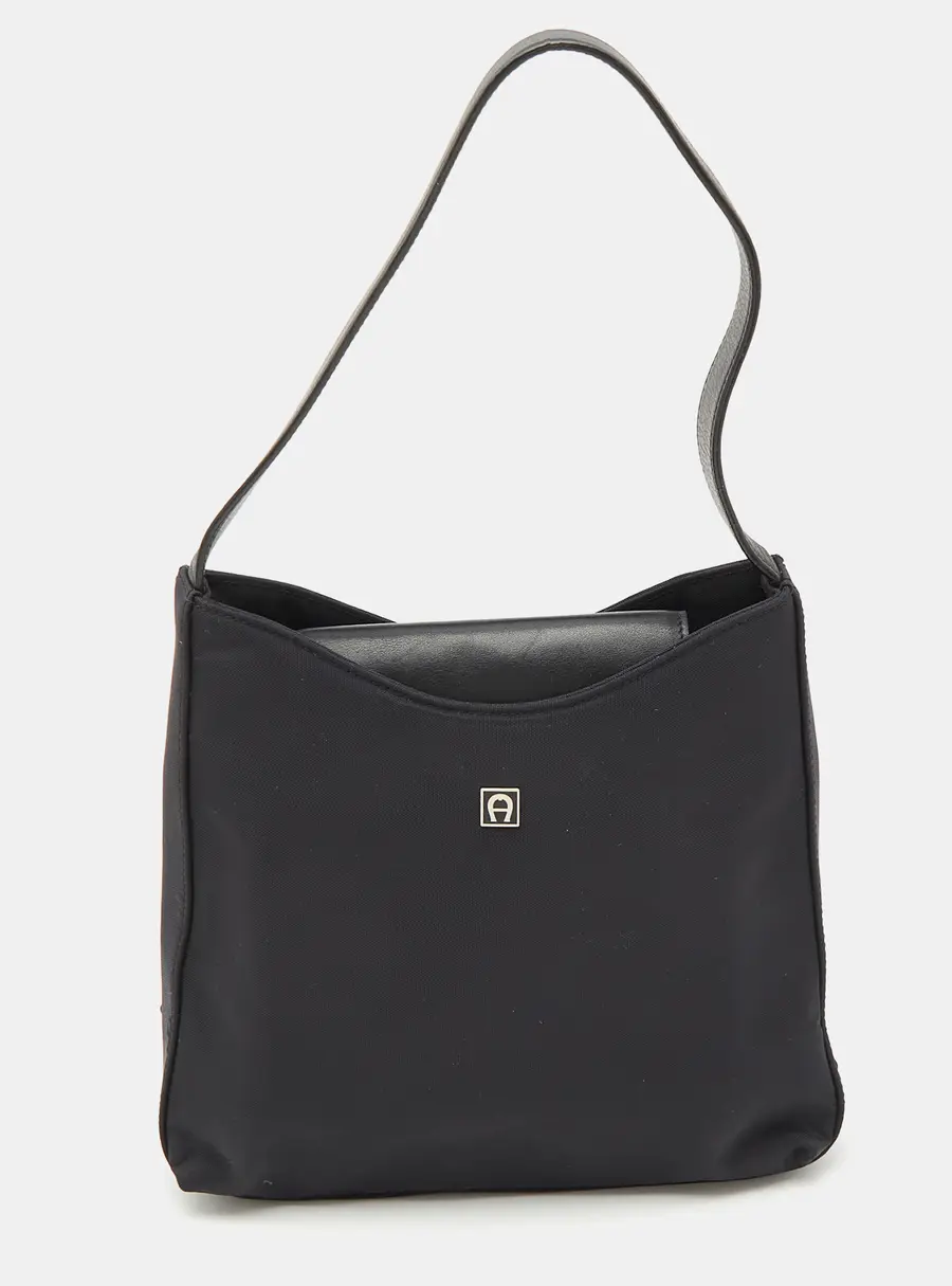 Aigner Black Leather and Nylon Flap Hobo