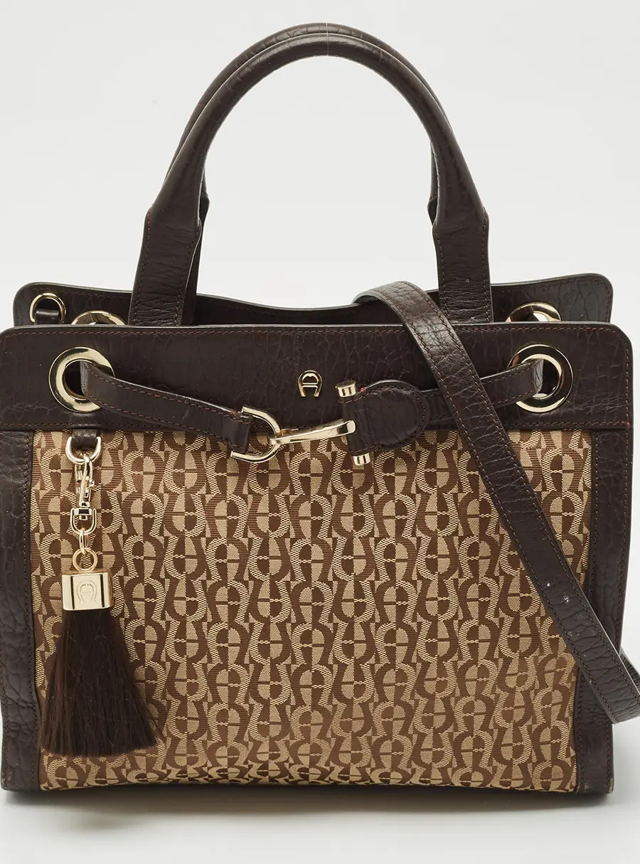 Aigner Brown/Beige Signature Canvas and Leather Cavallina Tote