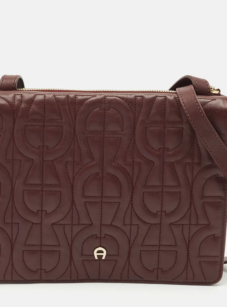 Aigner Burgundy Logo Embossed Leather Flap Crossbody Bag
