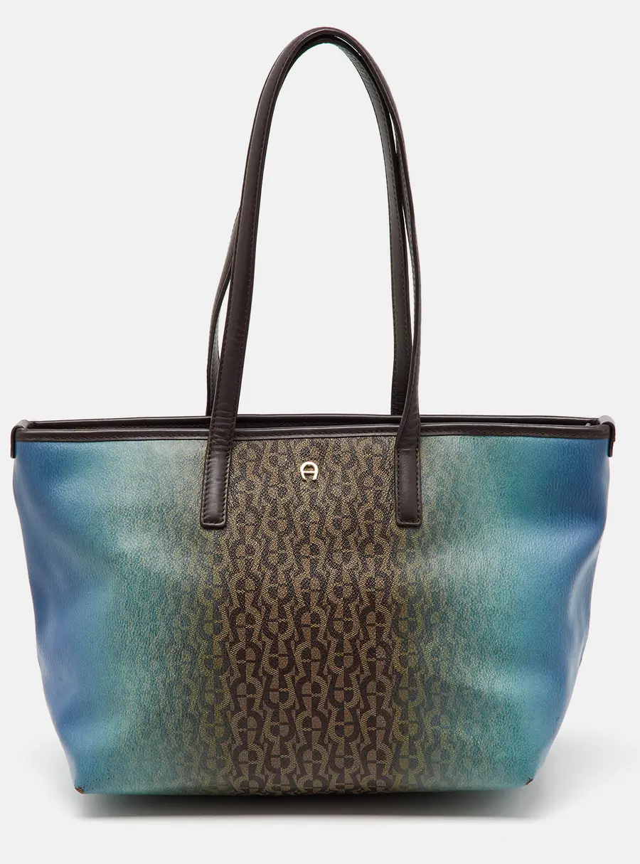 Aigner Dark Brown/Blue Signature Coated Canvas and Leather Tote
