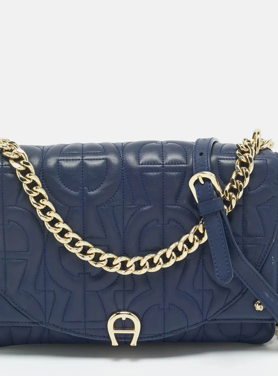 Aigner Navy Blue Embossed Leather Diadora S Crossbody Bag