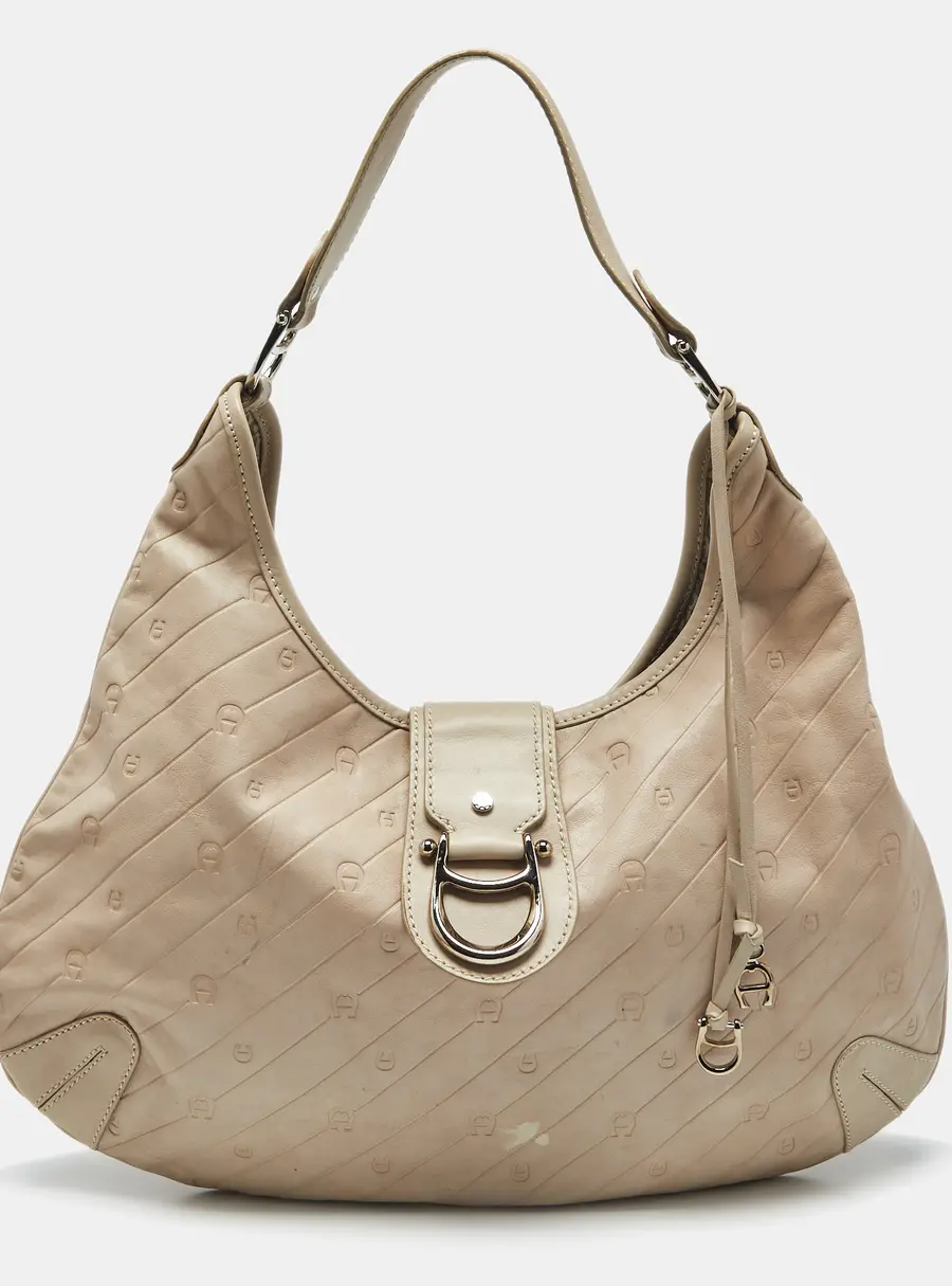 Aigner Light Beige Logo Embossed Leather Charm Hobo