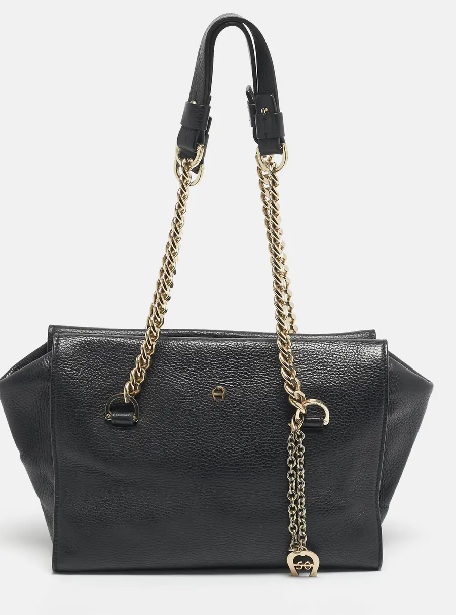 Aigner Black Leather Charm Chain Tote