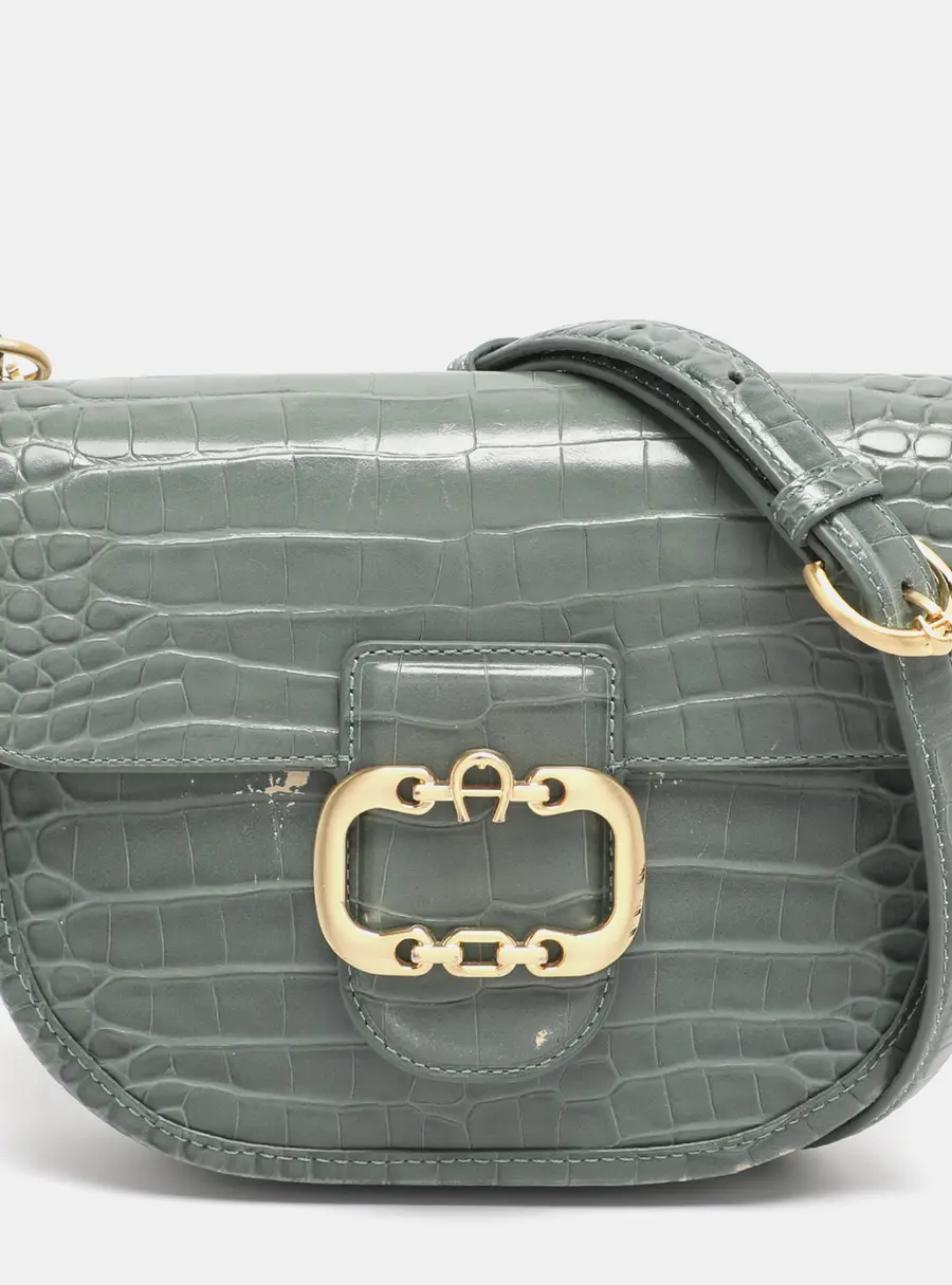 Aigner Green Croc Embossed Leather Celia Crossbody Bag