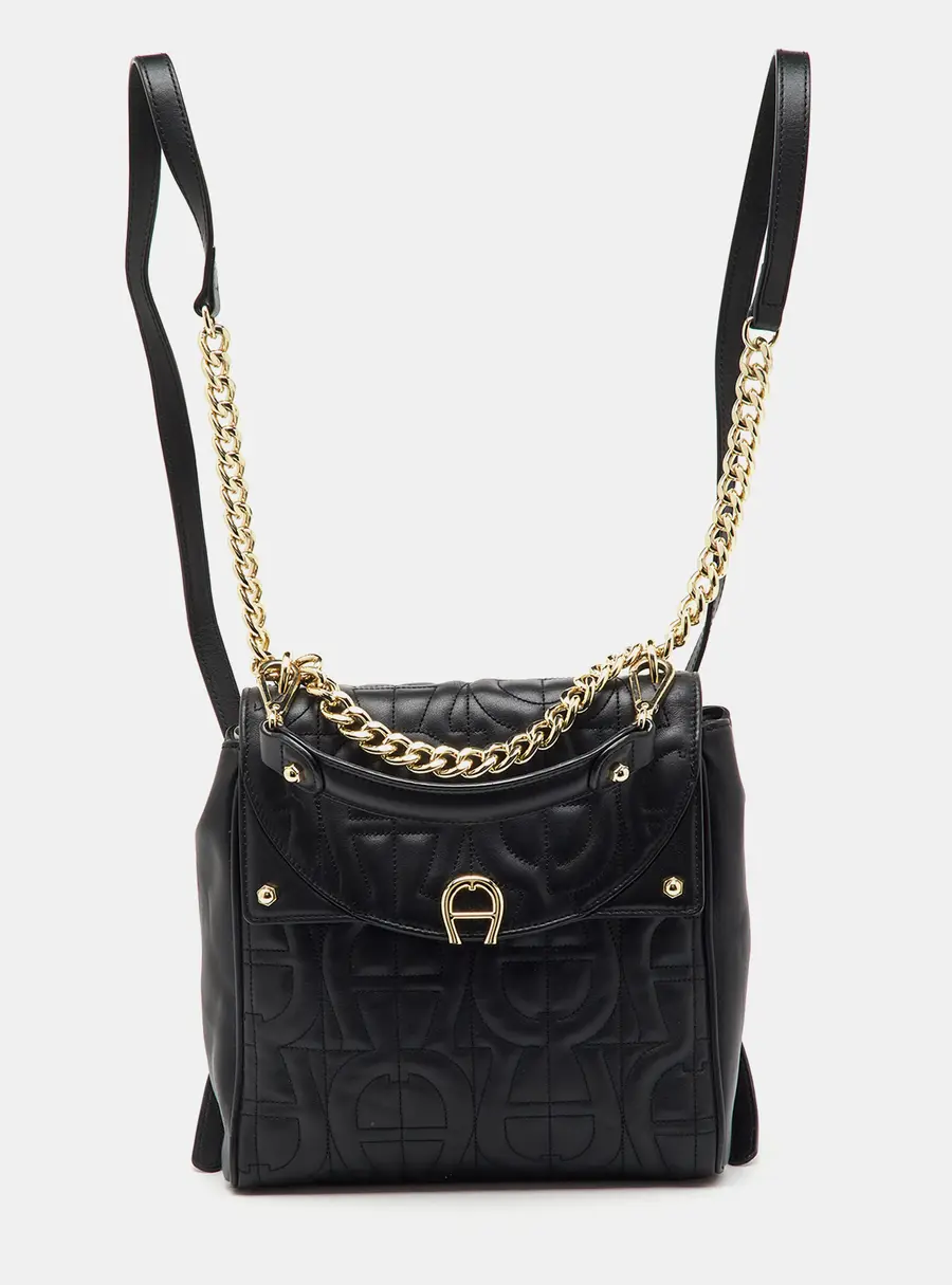 Aigner Black Logo Embroidered Leather Diadora Backpack