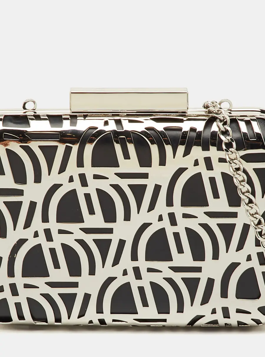 Aigner Tesora Black Leather and Metal Cut-Out Minaudiere Chain Clutch
