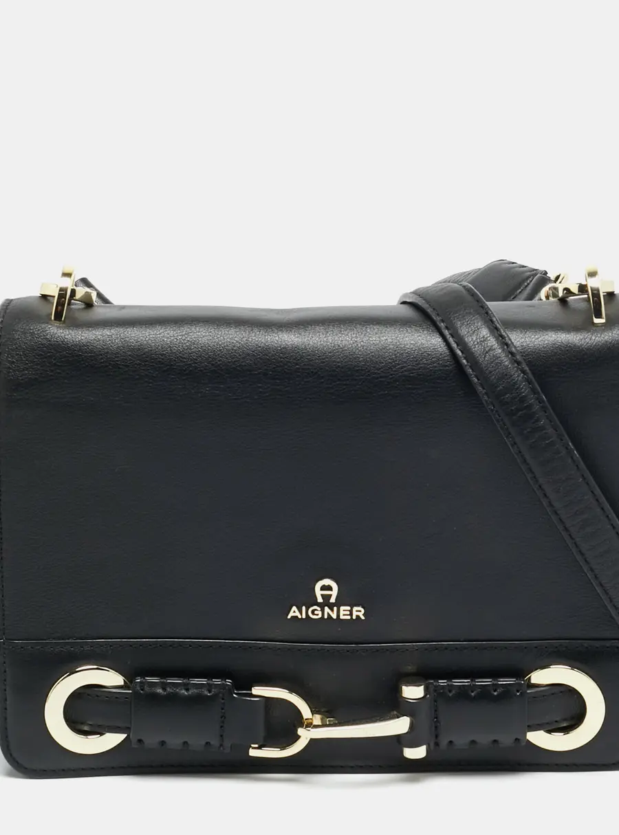 Aigner Black Leather Flap Shoulder Bag
