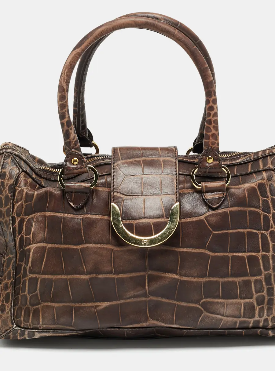 Aigner Brown Croc Embossed Leather Zip Satchel