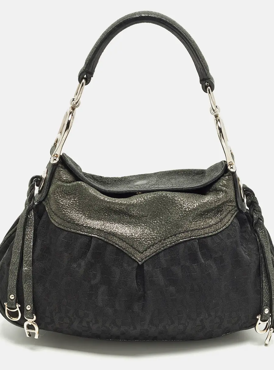 Aigner Black/Green Jacquard Canvas and Iridescent Leather Shoulder Bag