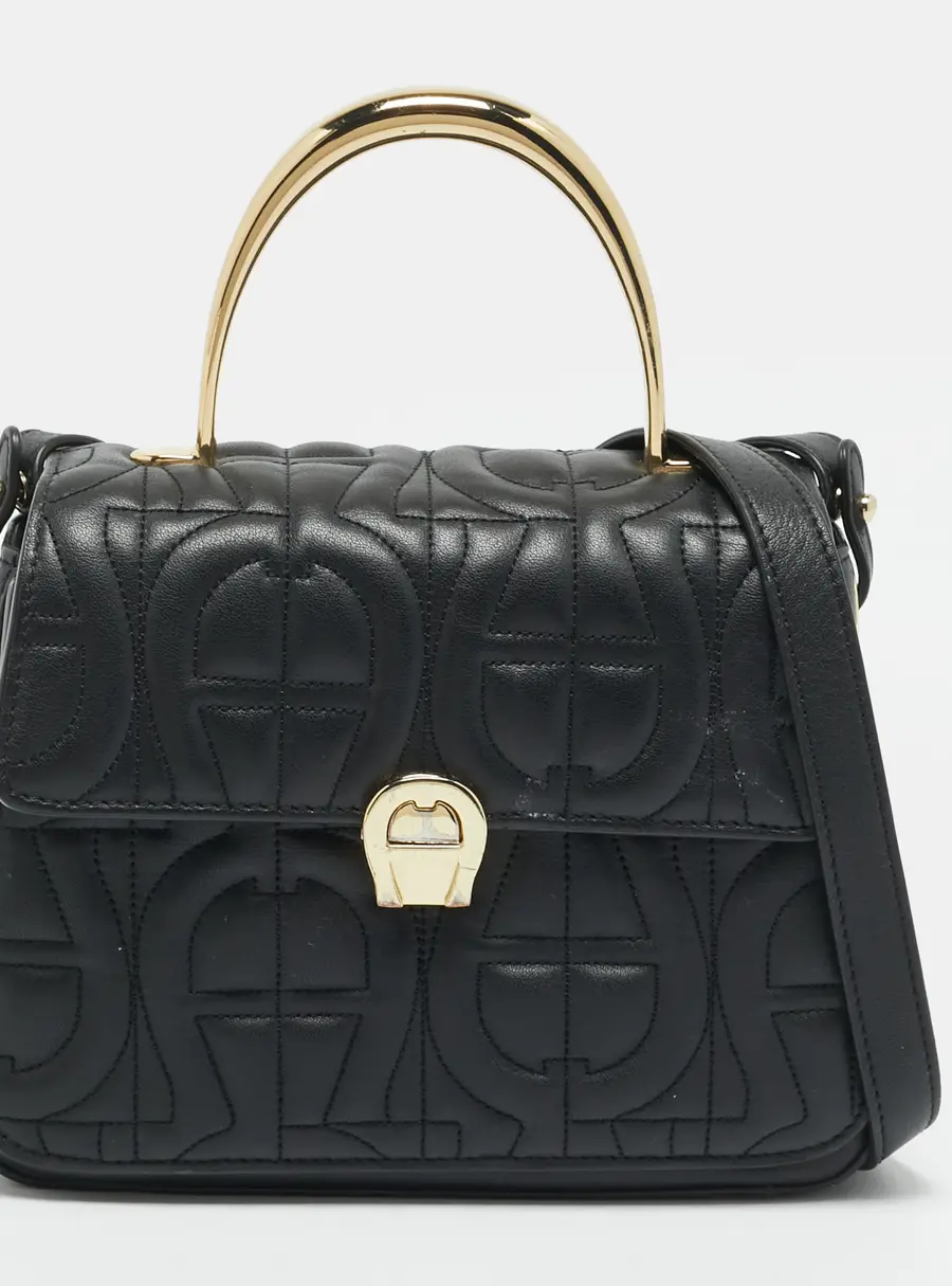 Aigner Genoveva Small Black Logo Embossed Leather Top Handle Bag w/ Wallet