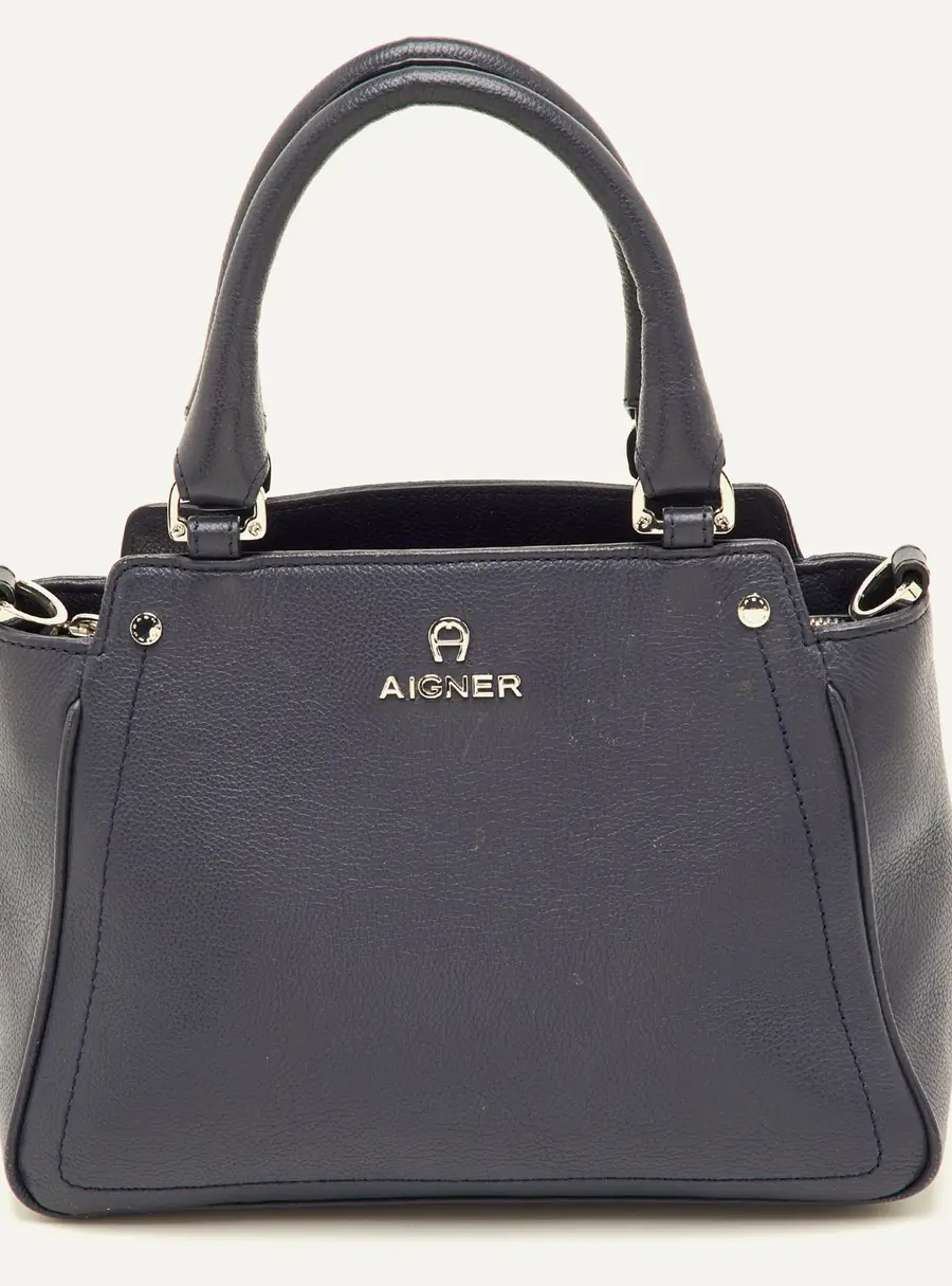 Aigner Navy Blue Leather Top Zip Satchel