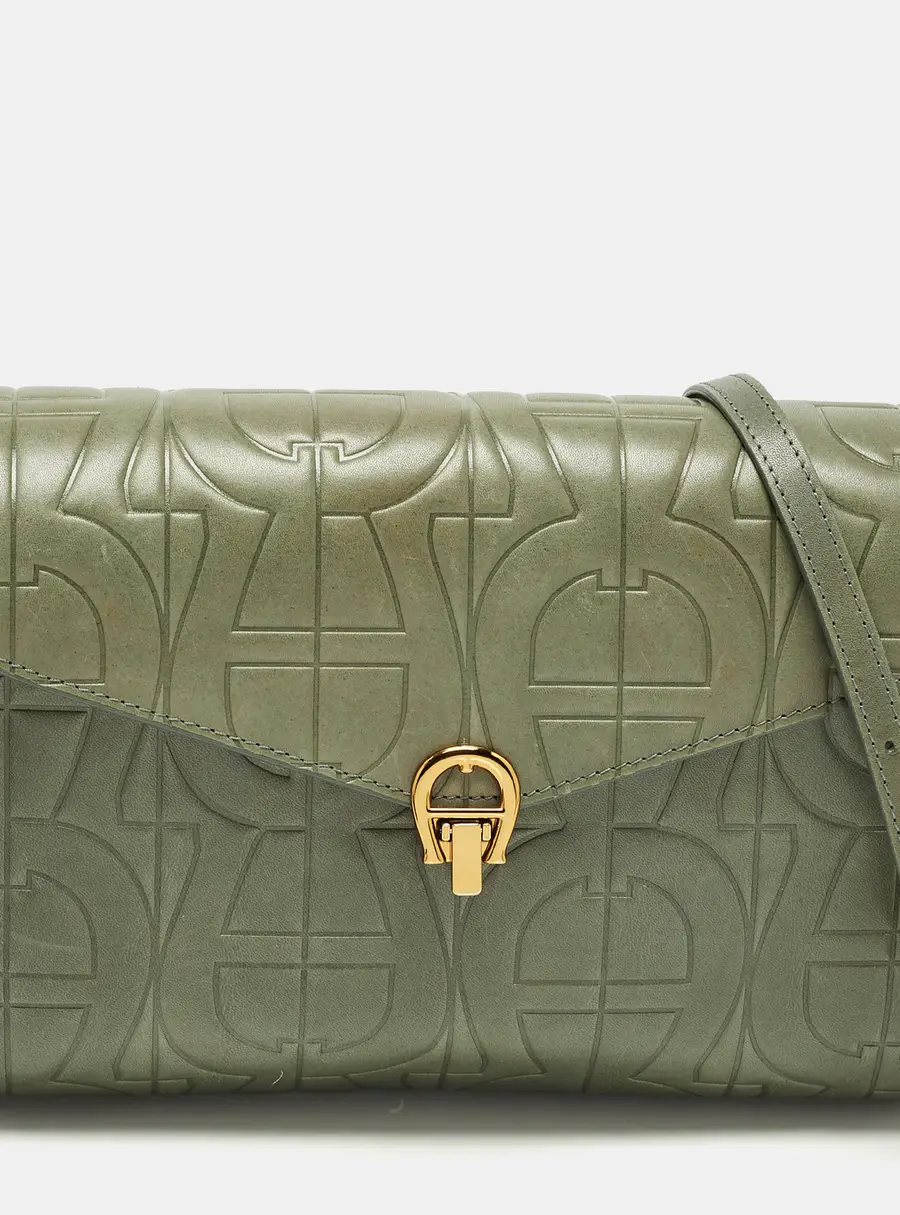 Aigner Pria Green Logo Embossed Leather Crossbody Bag