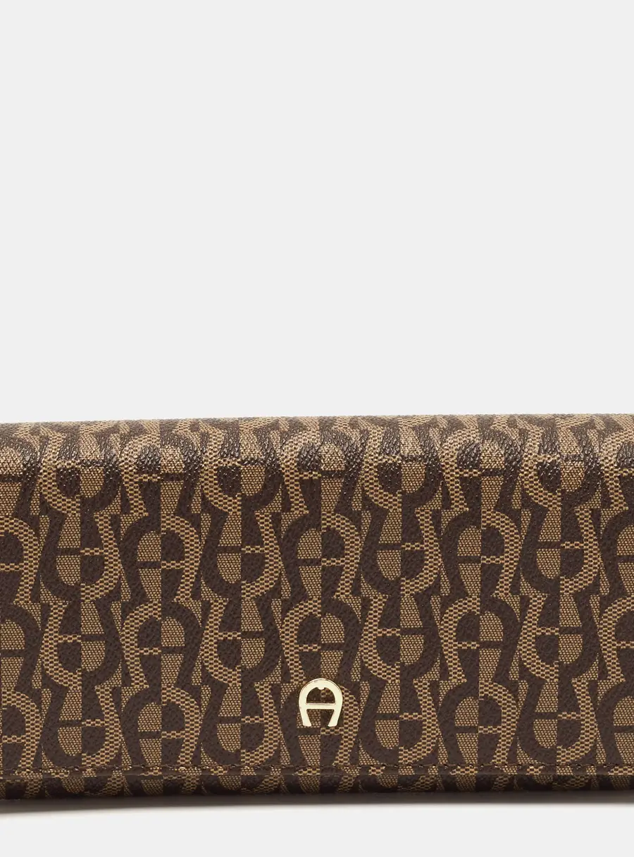 Aigner Logo Flap Brown Signature Coated Canvas Continental Wallet