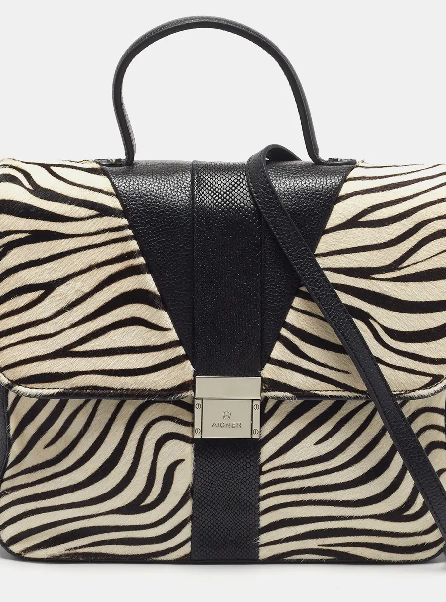 Aigner Black/White Zebra Print Calf Hair and Leather Top Handle Bag