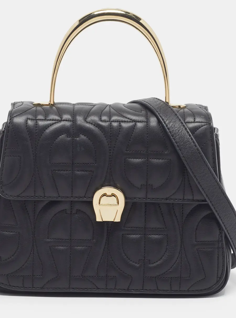 Aigner Genoveva Small Black Logo Embossed Leather Top Handle Bag