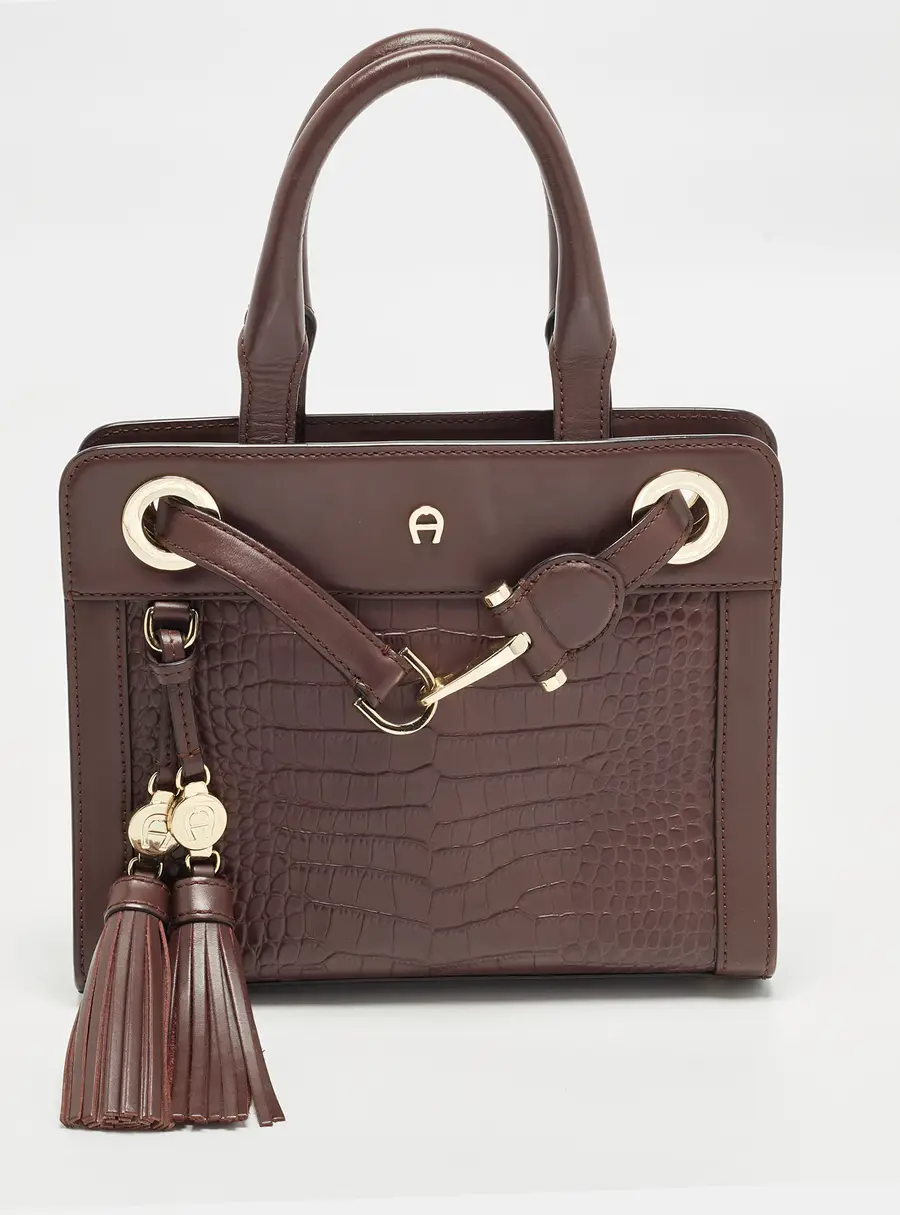 Aigner Cavallina Burgundy Croc Embossed Leather Tote