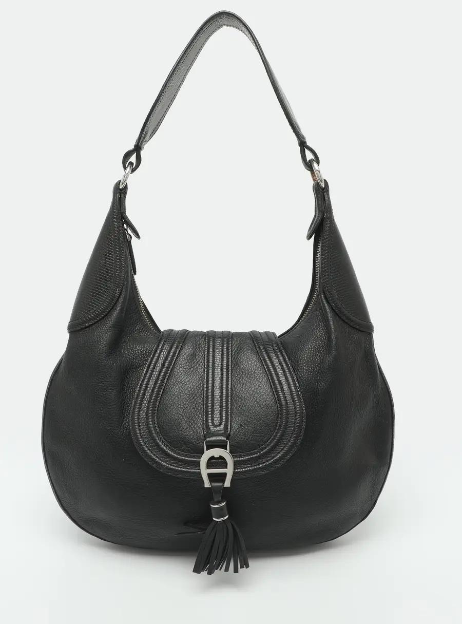 Aigner Black Leather and Lizard Embossed Leather Hobo