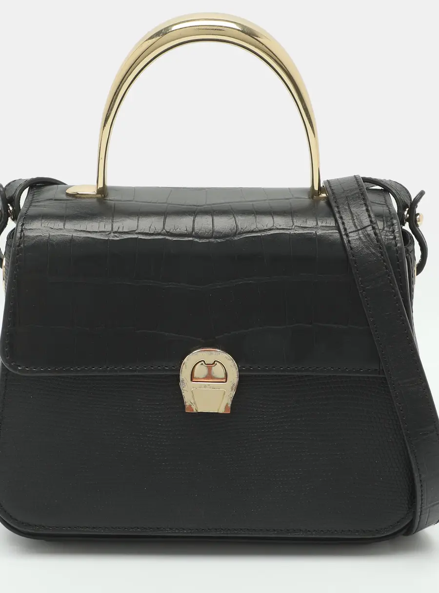 Aigner Genoveva Black Croc and Lizard Embossed Leather Top Handle Bag