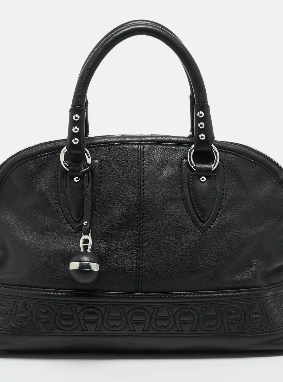 Aigner Logo Embossed Black Leather Dome Bag