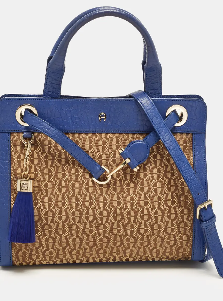Aigner Cavallina Blue/Beige Signature Canvas and Leather Tote
