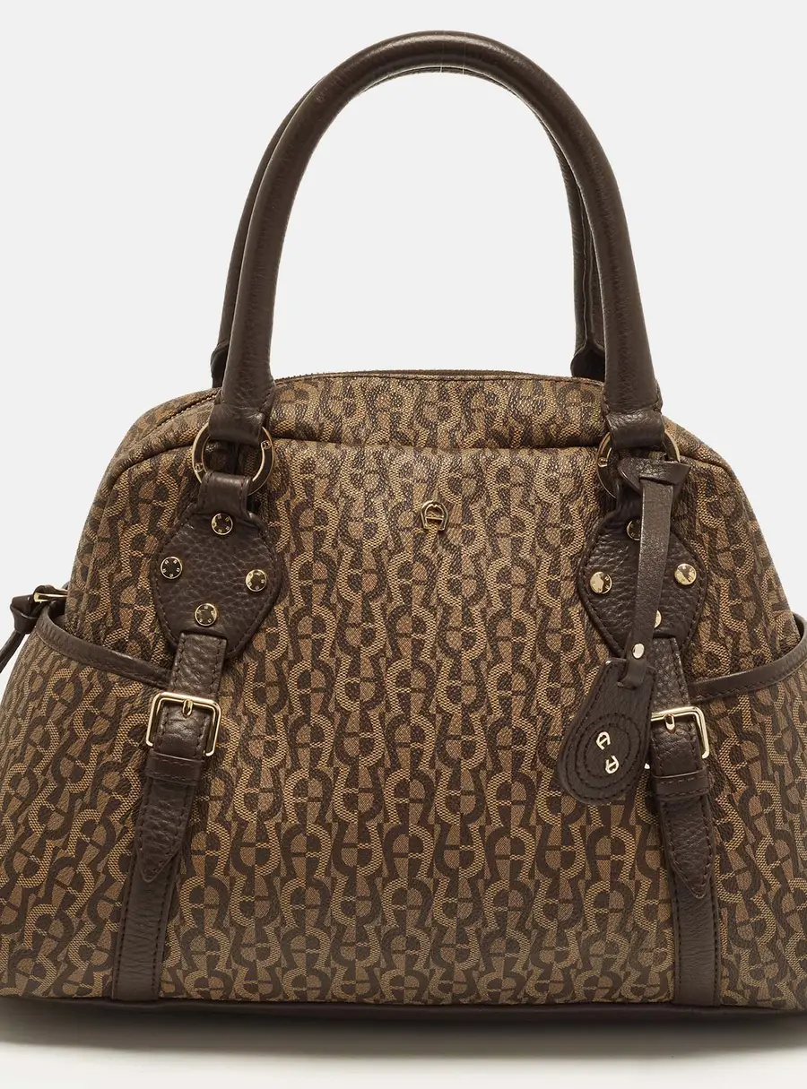 Aigner Brown Signature Coated Canvas Side Pocket Satchel
