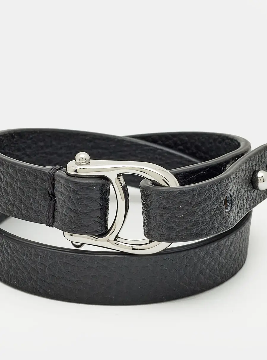 Aigner Logo Leather Silver Tone Bracelet