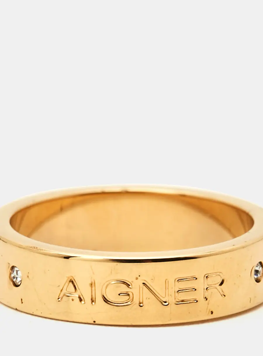 Aigner Logo Crystals Rose Gold Tone Ring Size 55