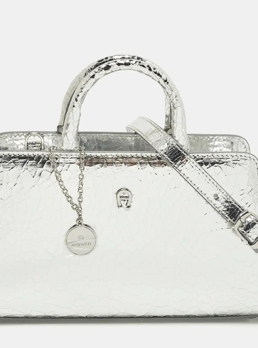 Aigner Cybill Stretch S Mini Silver Crackled Leather Satchel