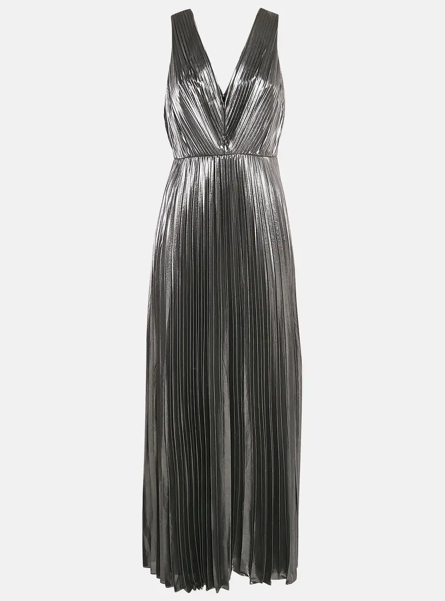 Aidan Mattox Silver Plisse Sleeveless Maxi Dress M