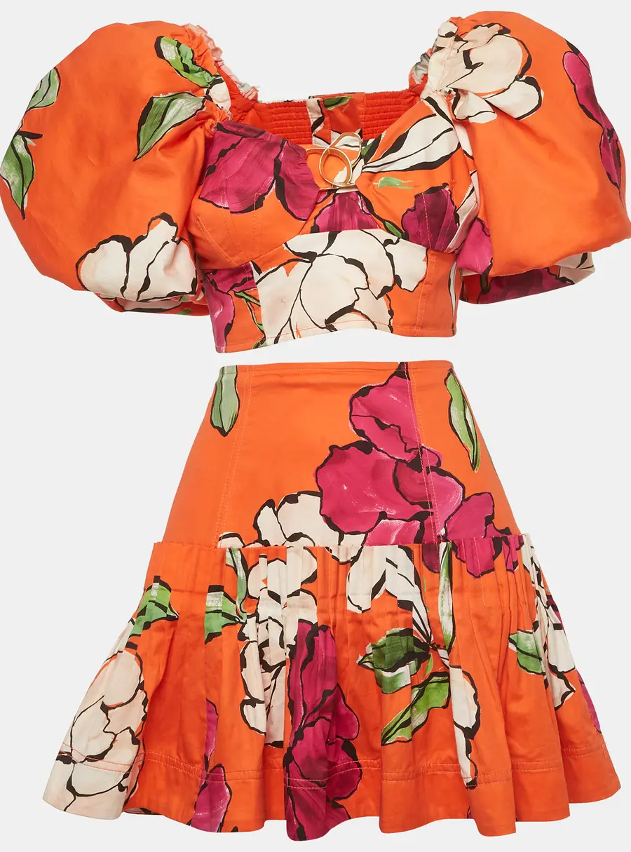 Aje Orange Camellia Print Cotton Marcel Crop Top & Niki Skirt Set L