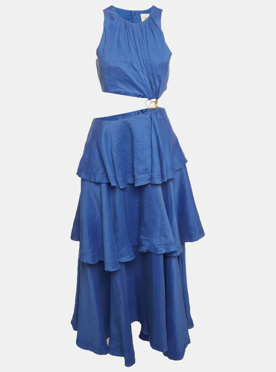 Aje Blue Linen Blend Wave Cut Out Midi Dress M