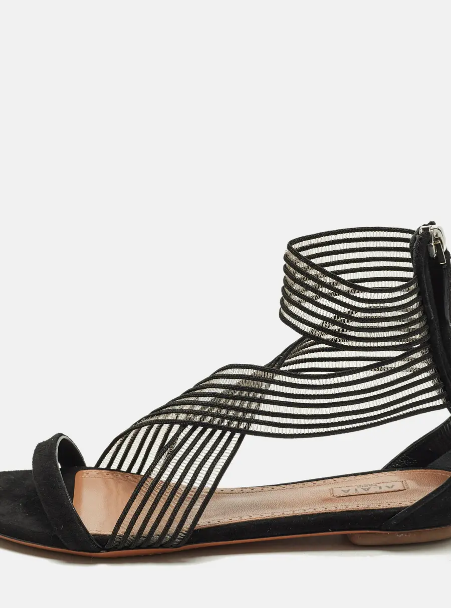 Alaia Size 38 Black Mesh and Suede Ankle Strap Flat Sandals
