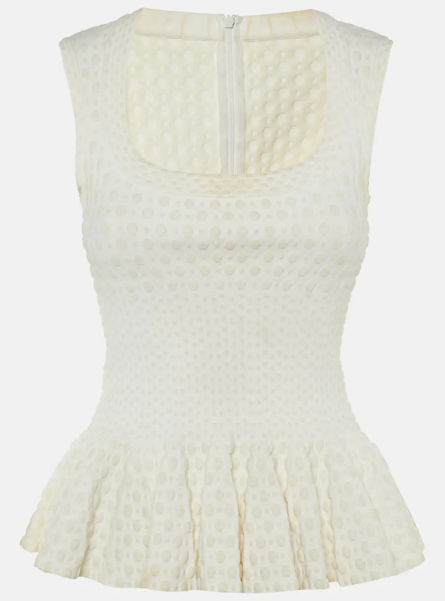 Alaia Ivory Dotted Jacquard Knit Peplum Top M