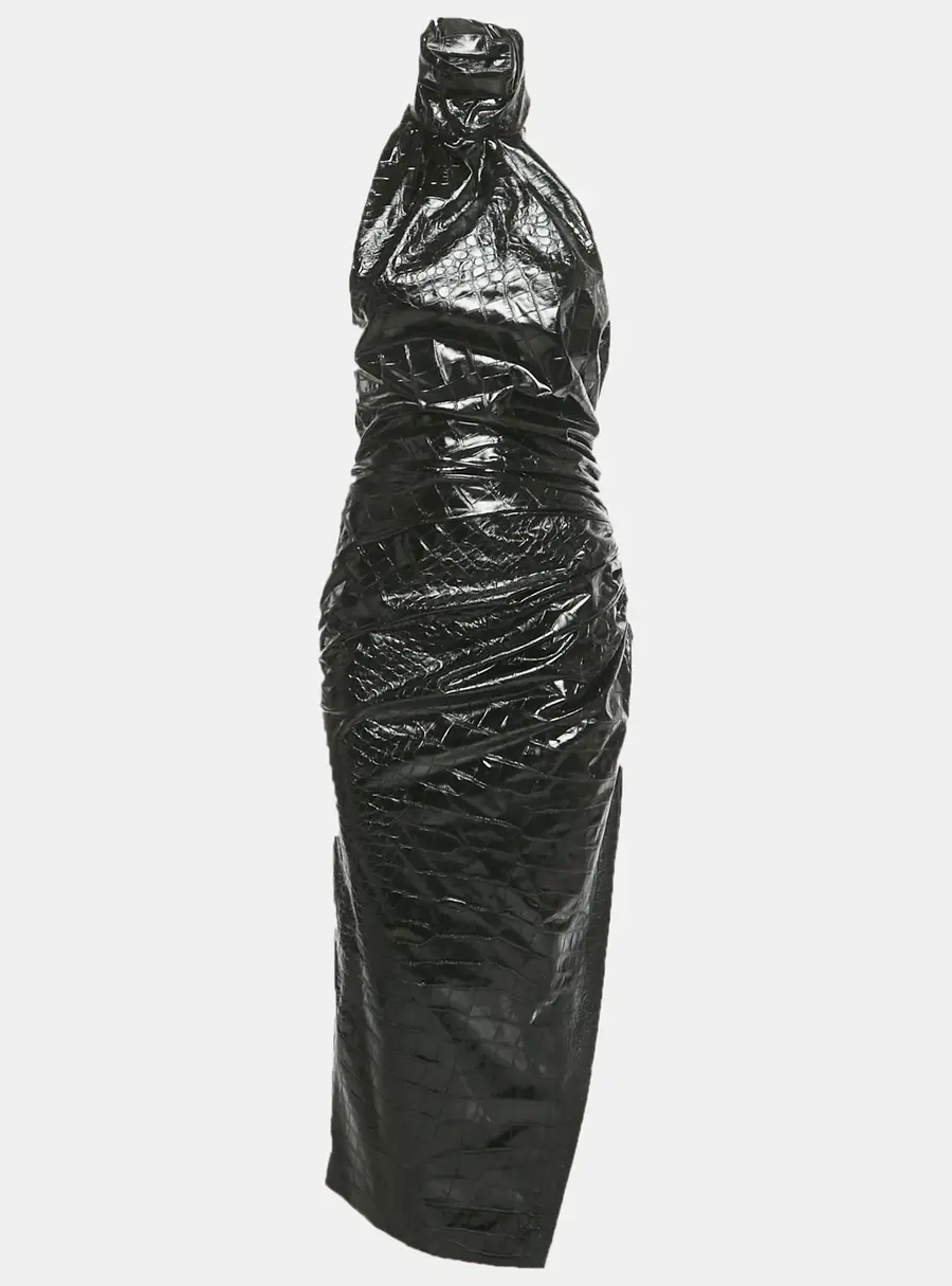 Alaia Black Crocodile Pattern Faux Leather Asymmetric Midi Dress M