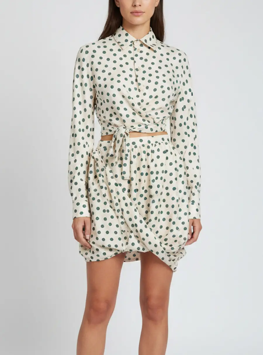 Alaia Cream Polka Dot Print Silk Knot Detail Top & Skirt Set S/M