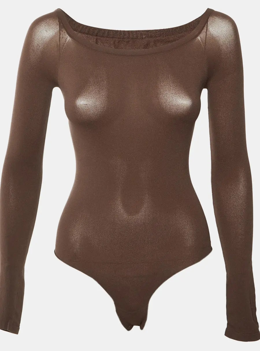 Alaia Brown Knit Second-Skin Off-Shoulder Bodysuit S