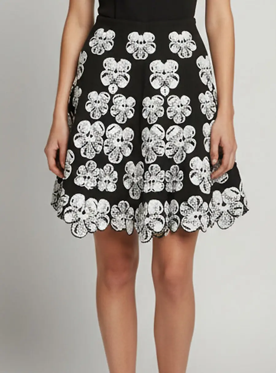 Alaia Monochrome Orchid Floral Jacquard Stretch-Knit Flared Mini Skirt S