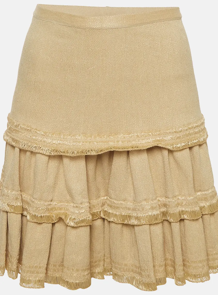 Alaia Beige Beige Textured Raffia Knit Flared Tiered Mini Skirt M
