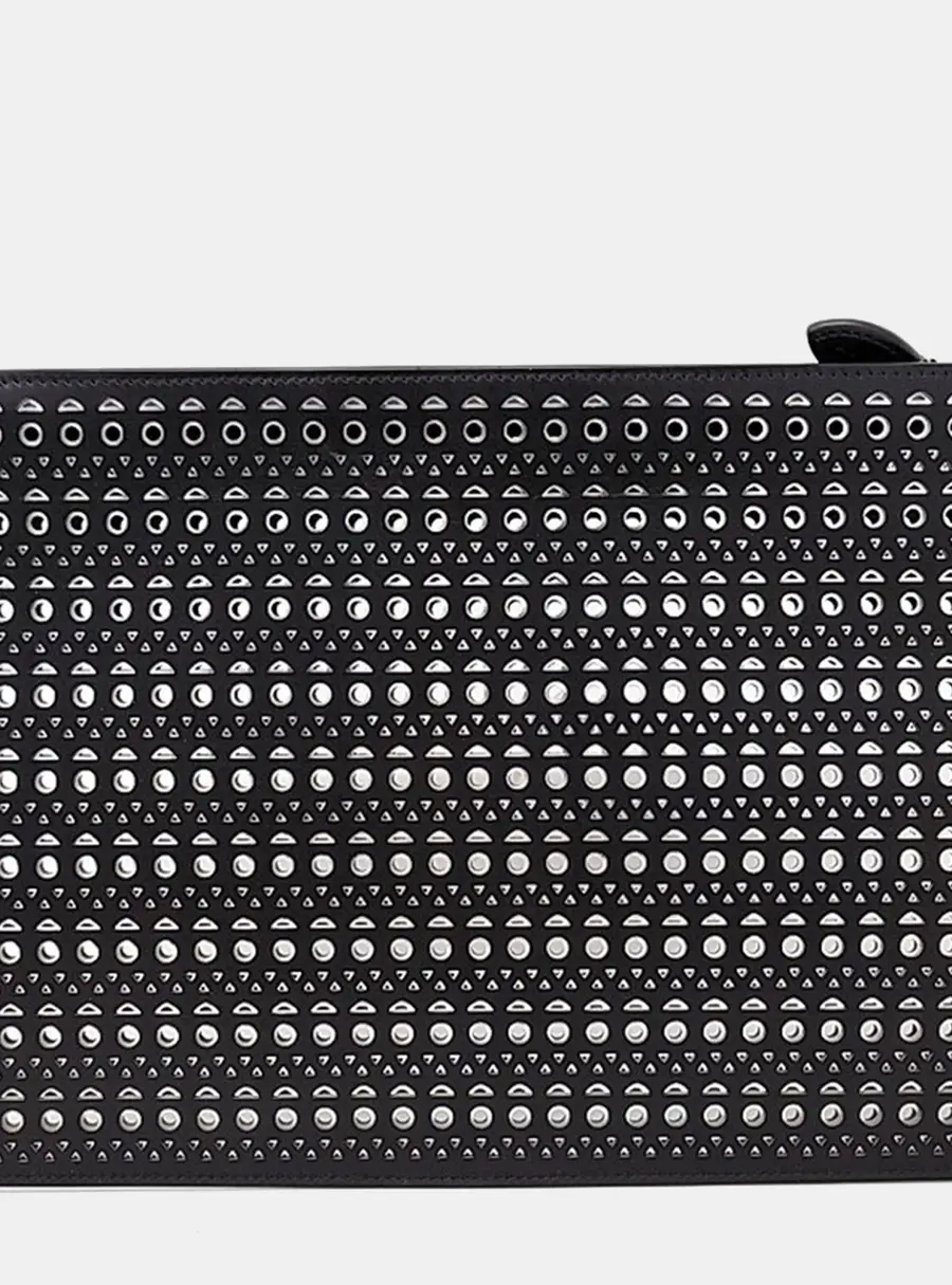Ala&iuml;a Laser Cut Studded Black Calfskin Leather Clutch Bag
