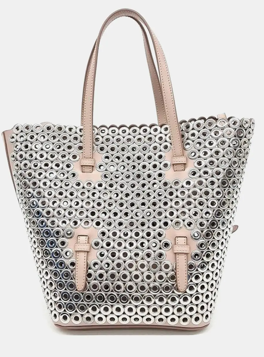 Alaia Laser-Cut Punching Beige Silver Leather and Mesh Tote and Shoulder Bag