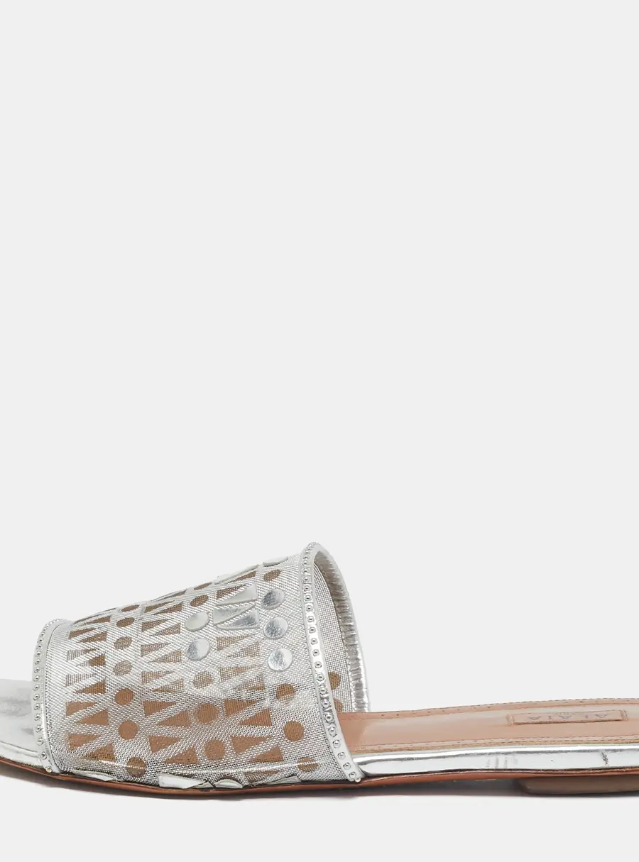 Alaia Silver Leather and Net Flat Slides Size 40
