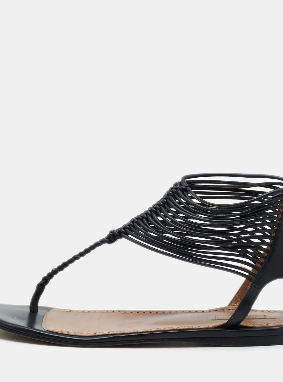 Alaia Black Leather T-Strap Flat Sandals Size 37.5