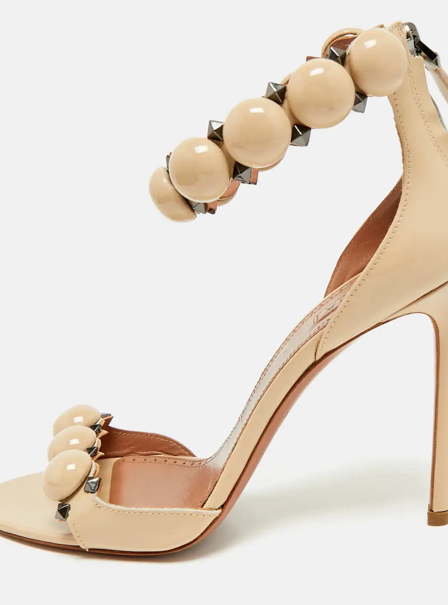 Alaia Beige Patent Leather Bombe Ankle Strap Sandals Size 38.5