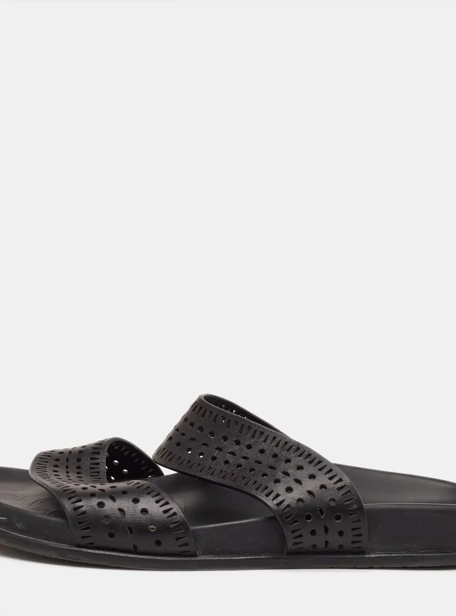 Alaia Size 37.5 Black Perforated Leather Flat Slide Sandals