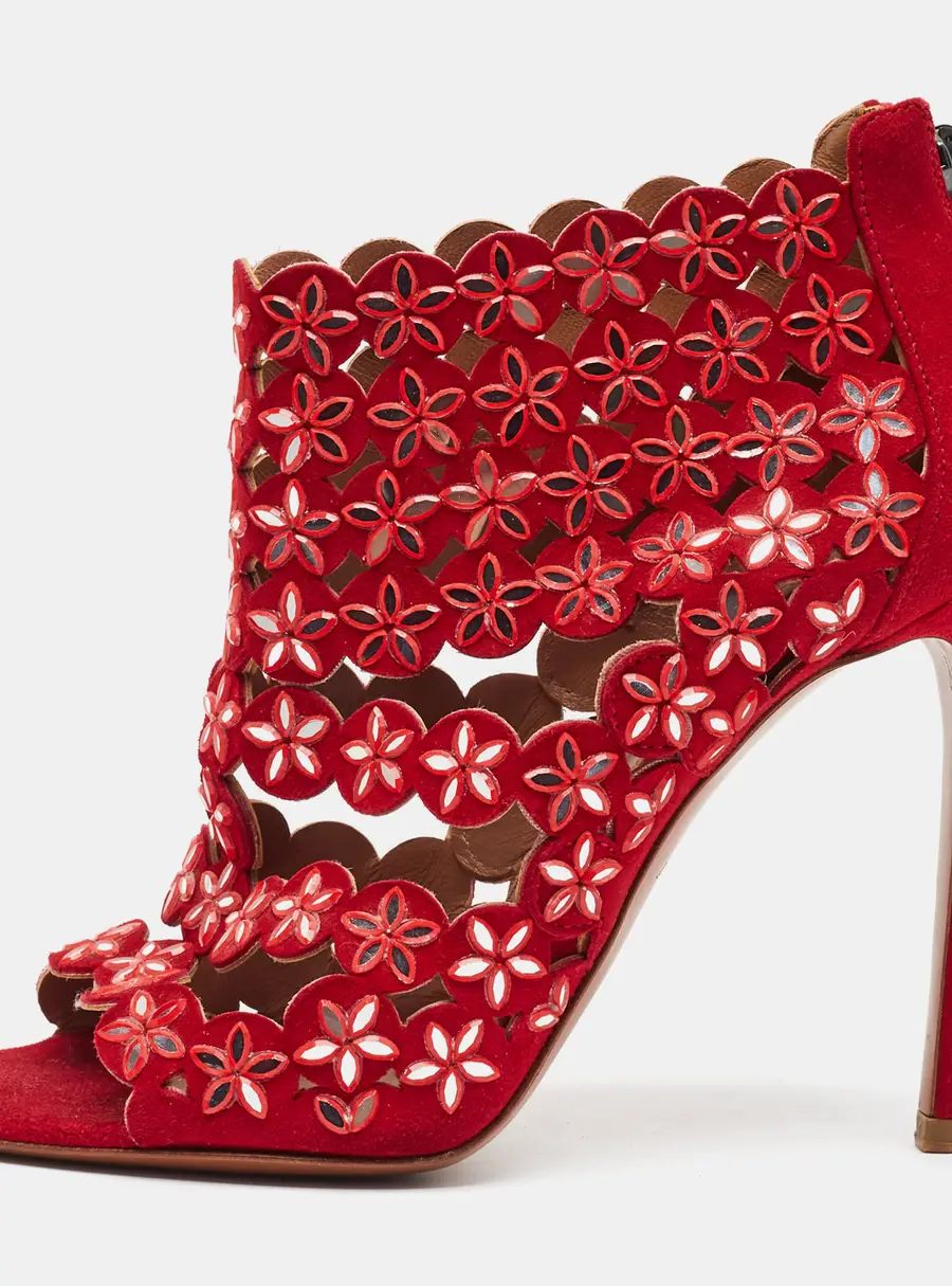 Alaia Size 36 Red Suede Laser Cut Flower Ankle Strap Sandals