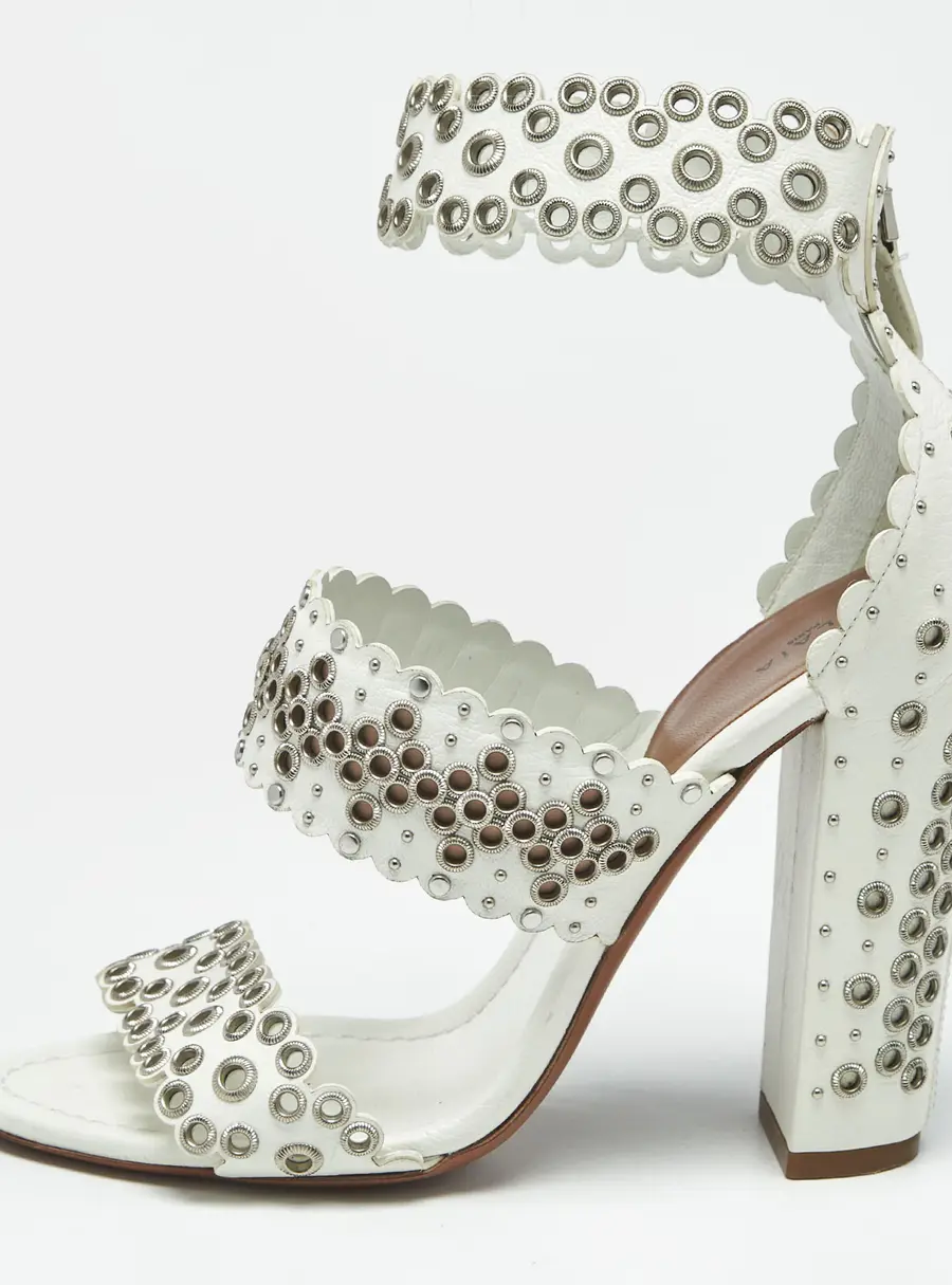 Alaia Size 38.5 White Leather Ankle Strap Grommet Heel Sandals
