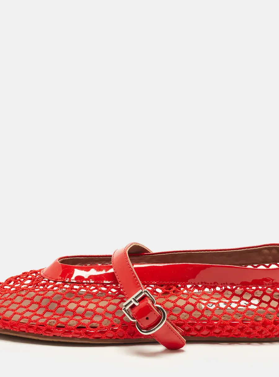 Alaia Fishnet Size 38 Red Mesh and Patent Leather Ballet Flats