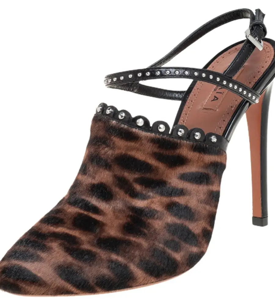 Alaia Brown Leopard Print Calf Hair And Black Studded Leather Slingback Sandals Size 37